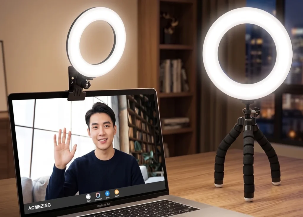ACMEZING clip-on LED ring light mounted on a laptop display showing a man on a video call, alongside a second ring light set on a flexible mini tripod on a desk.
