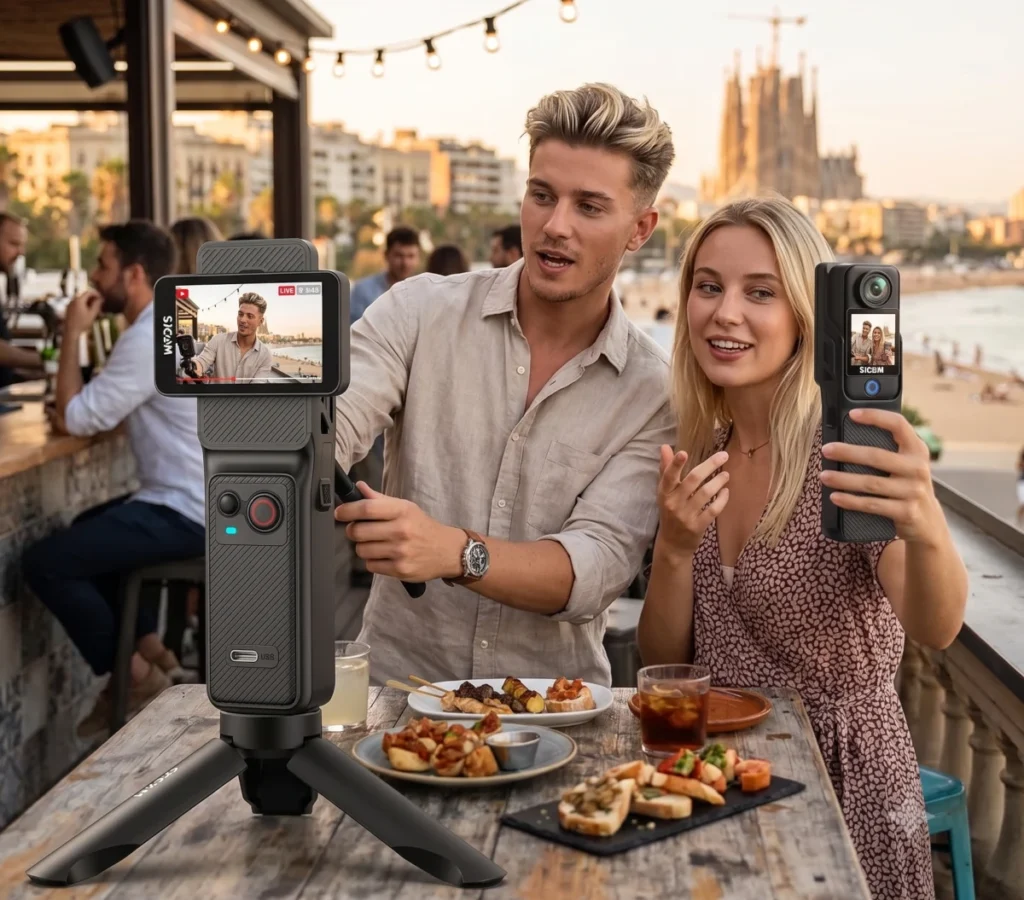 Blonde couple recording a travel vlog with an SJCAM C300 action camera mounted on a desk tripod at an outdoor restaurant terrace with Barcelona's Sagrada Família in the background.