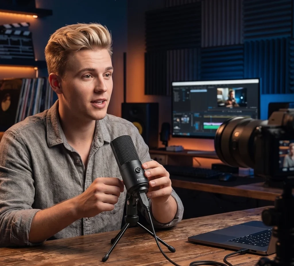 Blonde male vlogger speaking while demonstrating a black FIFINE USB condenser microphone on a mini tripod desk stand in a home video studio.