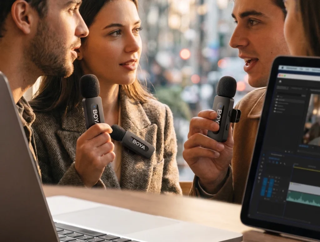Group of content creators using BOYA wireless lavalier microphones while recording a podcast or interview at a table with laptops open