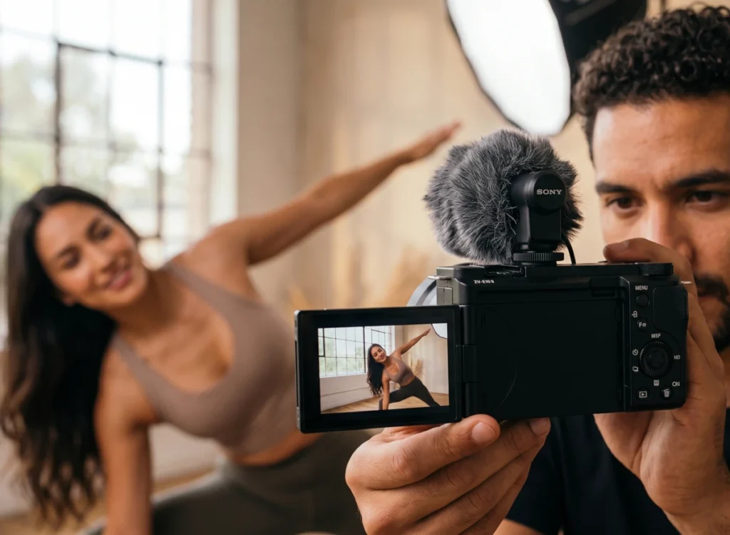 Man filming a woman holding a yoga pose using a Sony ZV-E10 II mirrorless camera with a furry windscreen microphone mounted on top in a bright studio.