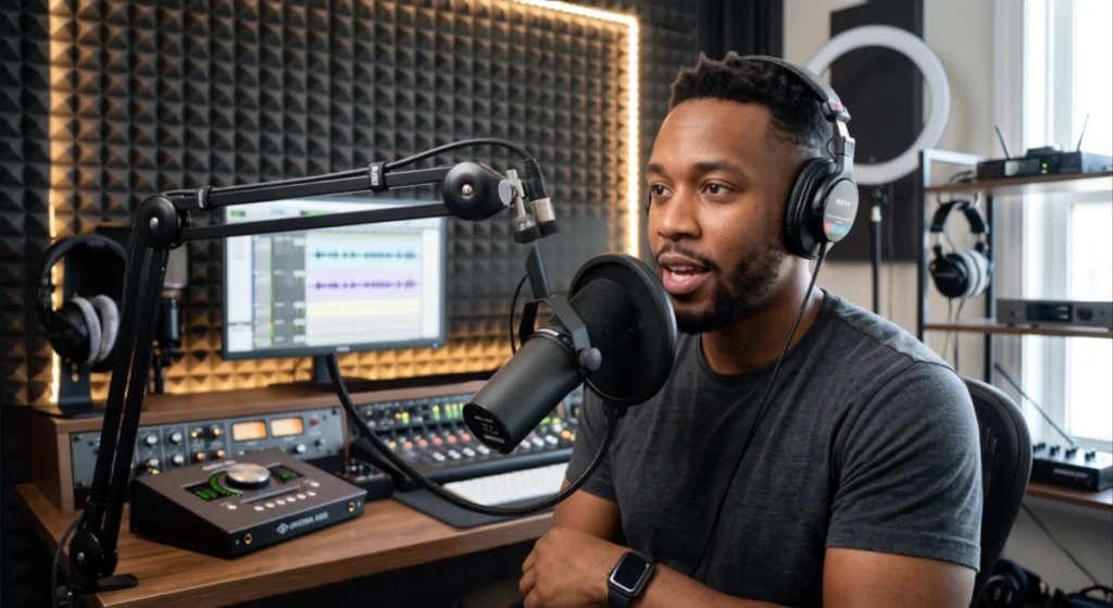 WarpDeal audio creator gear setup with broadcast microphone and studio headphones
