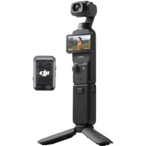 DJI Osmo Pocket 3 Creator Combo camera mounted on mini tripod with battery handle and DJI Mic 2 transmitter