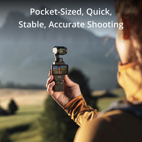 DJI Osmo Pocket 3 handheld 3-axis gimbal camera showing fast focus and image stabilization