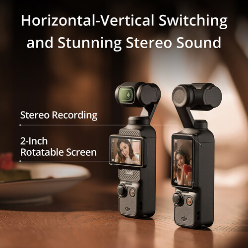 DJI Osmo Pocket 3 2-inch rotatable OLED screen switching between horizontal and vertical shooting modes with stereo sound