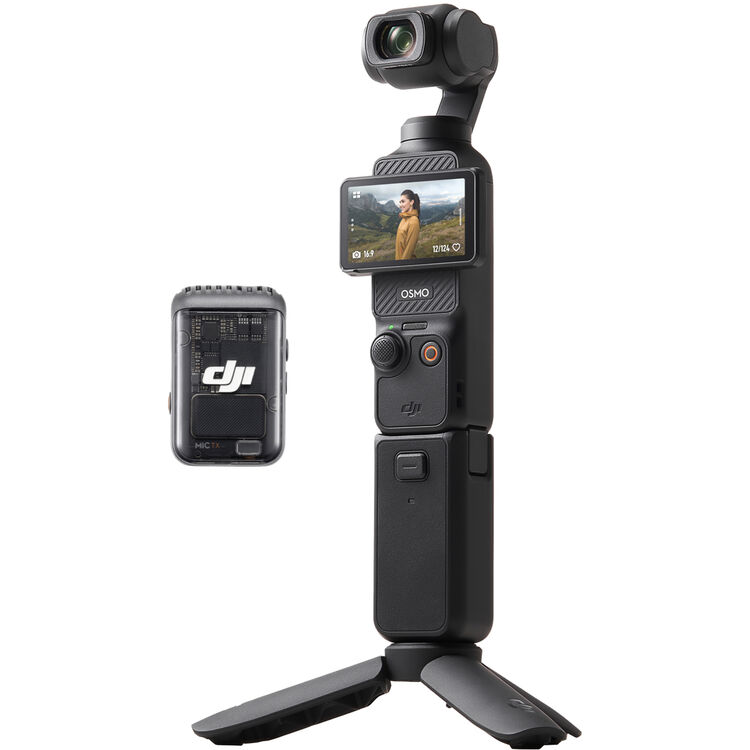 DJI Osmo Pocket 3 Creator Combo camera mounted on mini tripod with battery handle and DJI Mic 2 transmitter