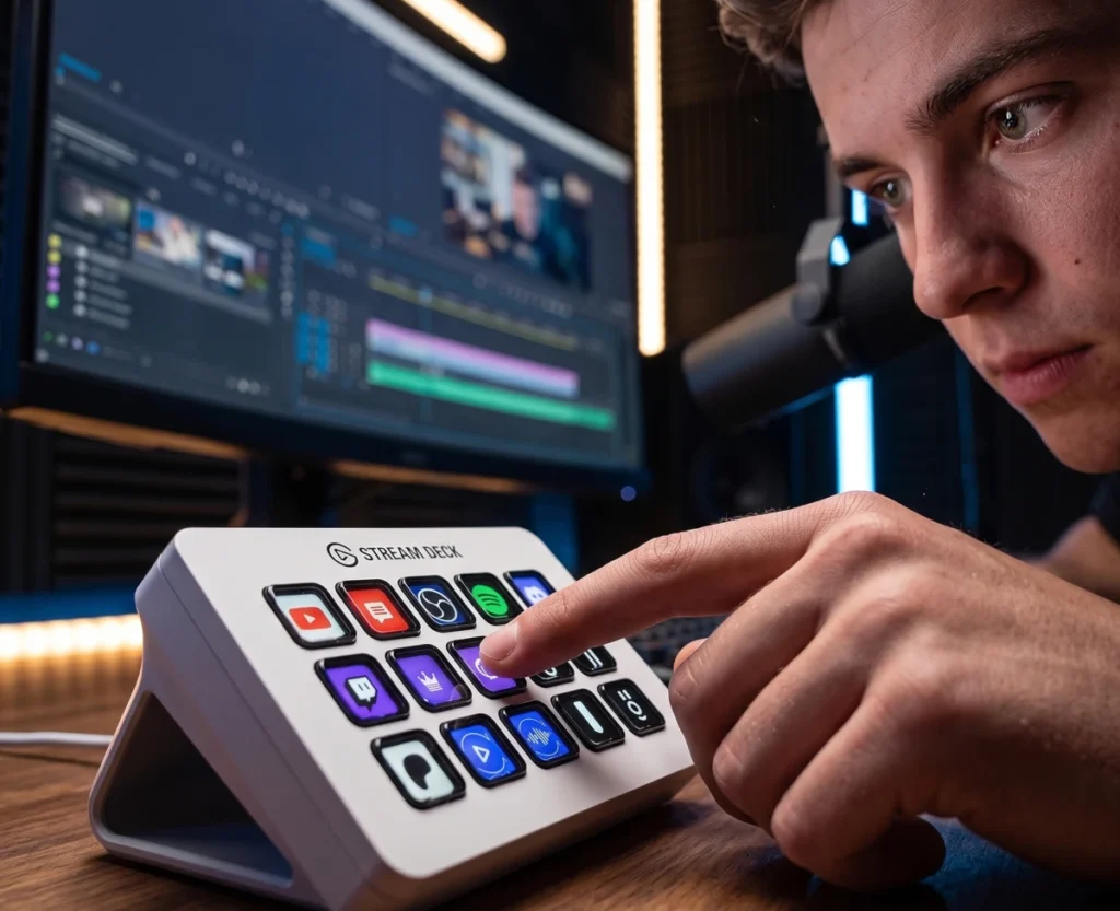 White Elgato Stream Deck MK.2 controller on a wooden desk with a content creator pressing an illuminated key in a studio setup