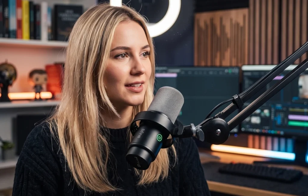 Female content creator speaking into a FIFINE K688 dynamic microphone mounted on a boom arm in a modern desk studio