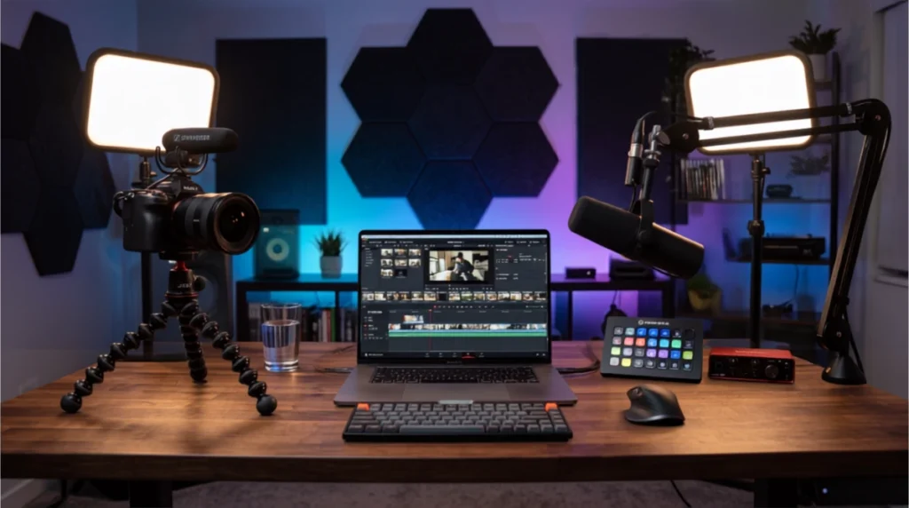 WarpDeal creator gear setup with cameras, broadcast microphone, and streaming controller
