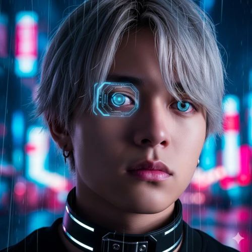 Hikaru AI deal hunter avatar with futuristic cybernetic eye display, representing Warpdeal's automated Creator Gears deal verification engine