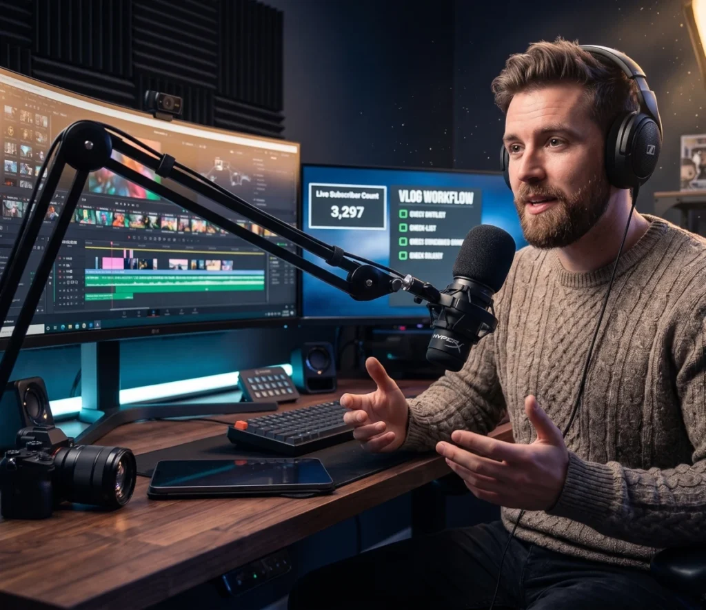 Content creator at a wooden desk studio setup speaking into a HyperX USB microphone mounted on a boom arm with dual monitors showing video editing software.