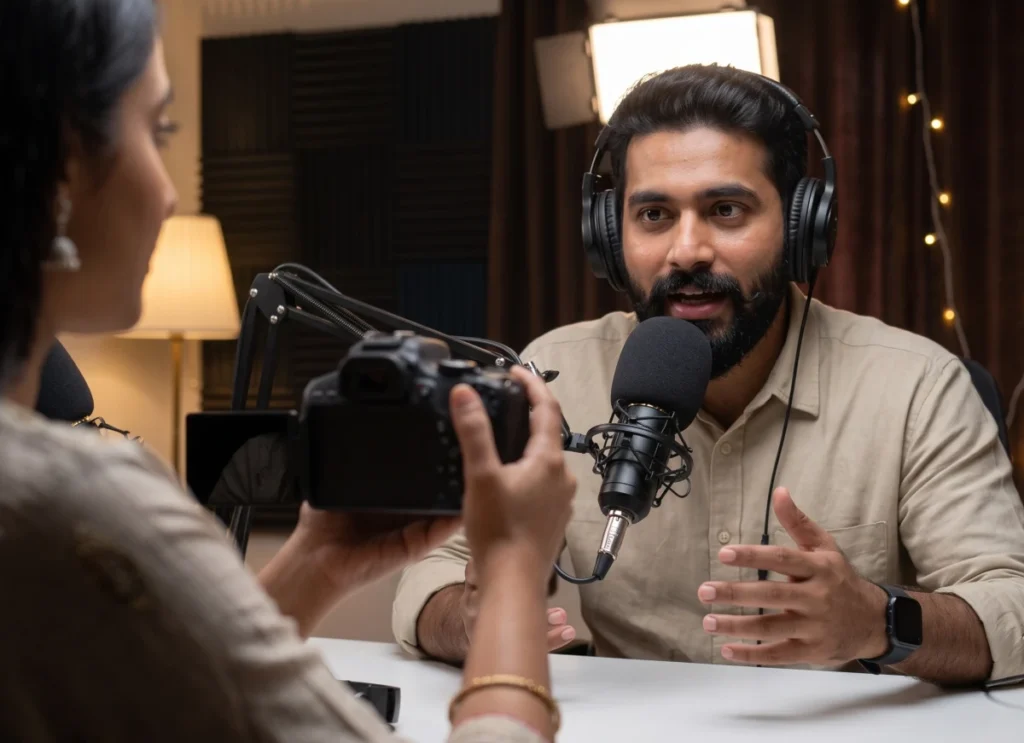 Bearded man wearing headphones speaking into a microphone while being recorded with a Canon EOS R50 mirrorless camera during a podcast interview in a studio setting.
