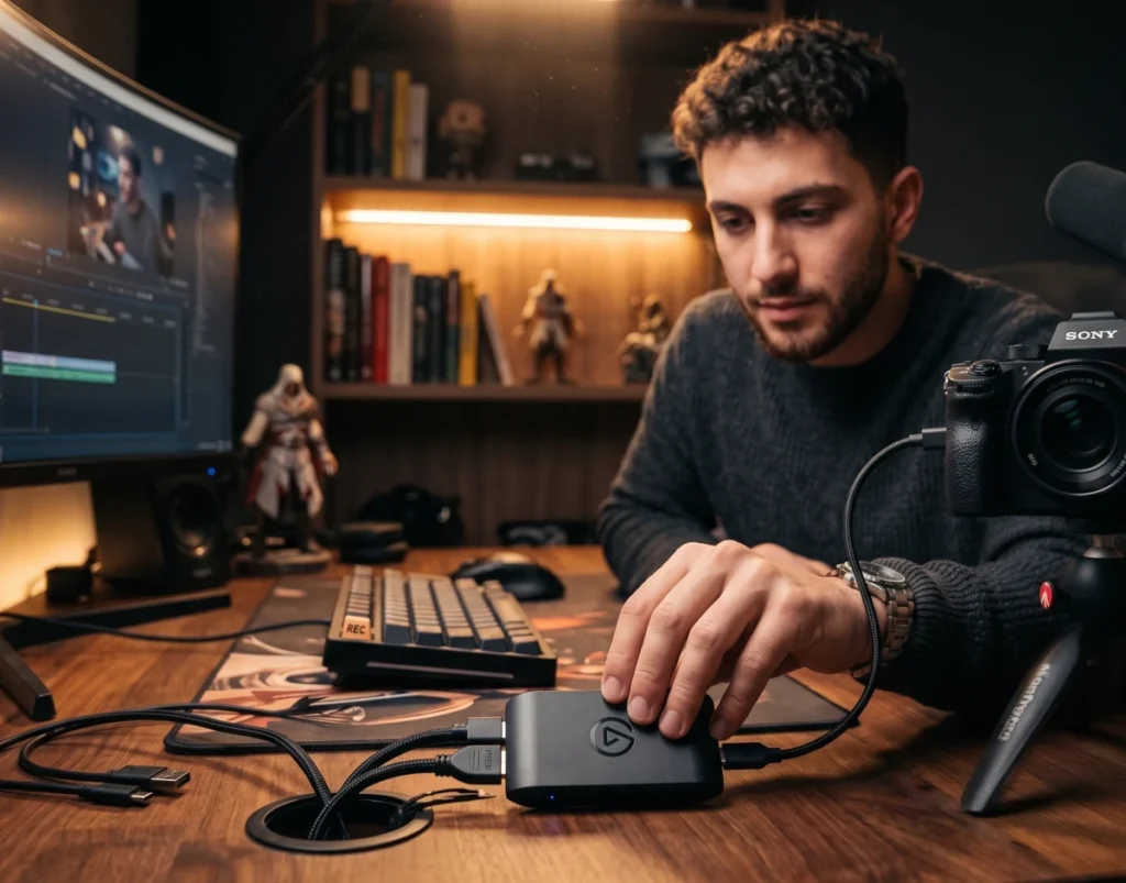 Young man setting up an Elgato video capture card connected to a Sony camera on a desktop setup with video editing software on a monitor in the background.