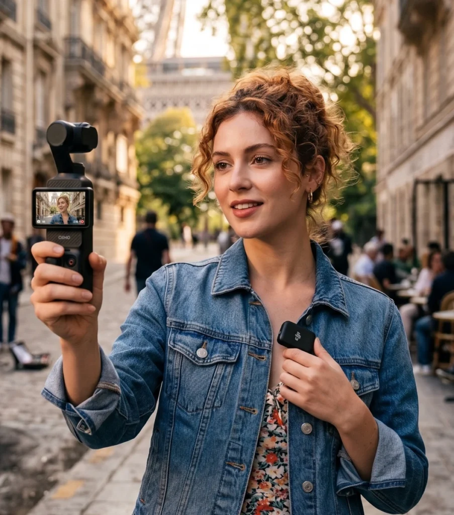 Woman with curly hair in a denim jacket holding a DJI Osmo Pocket 3 camera while vlogging on a Paris street with the Eiffel Tower in the background
