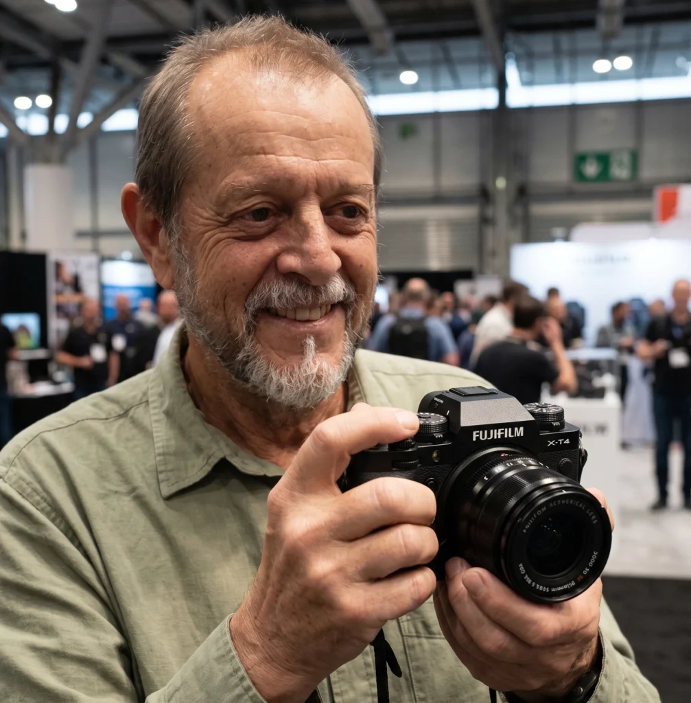 Marco Stiantoni, tech reviewer and founder of WarpDeal, holding camera gear
