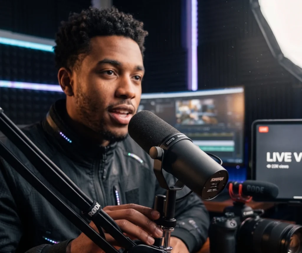 Young man speaking into a Shure SM7B dynamic microphone mounted on a boom arm in a studio setup with acoustic foam walls and video editing monitors.