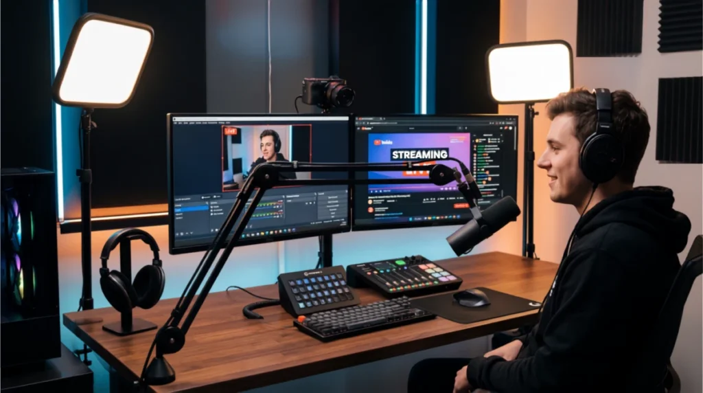 WarpDeal studio streaming creator gear setup with dual monitors, stream controller, key lights, and audio mixer