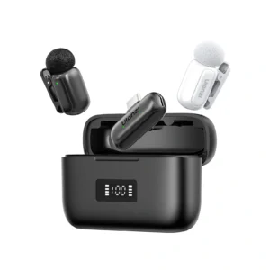 Ulanzi A200 wireless lavalier mini microphone attached to shirt collar with charging case