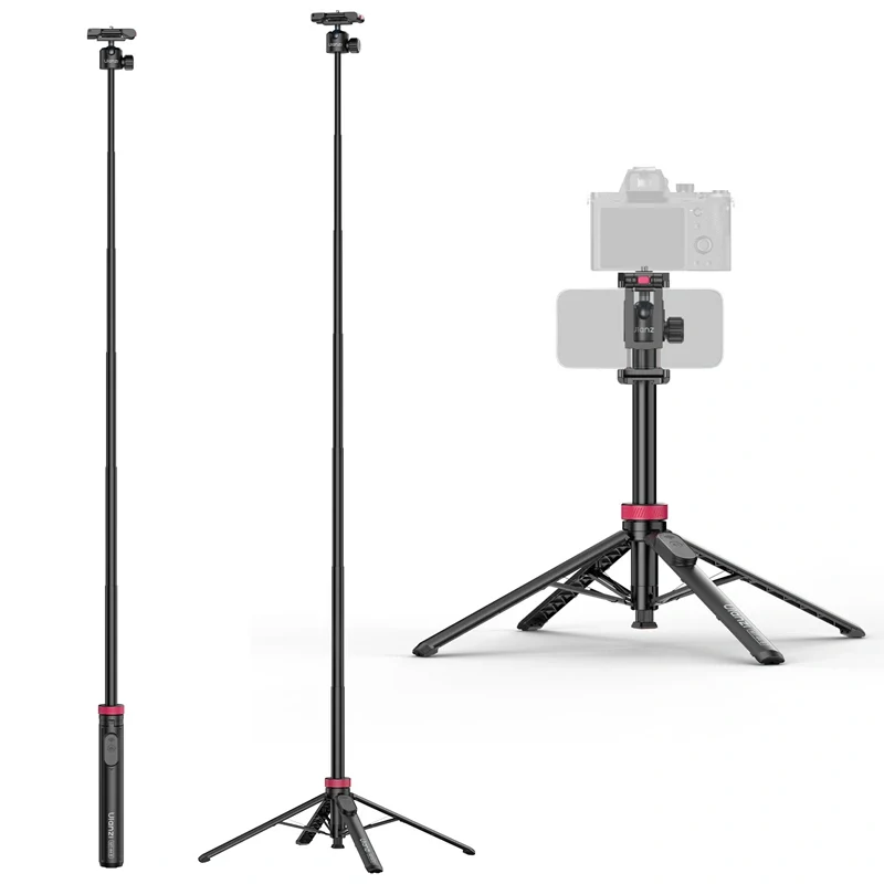 Ulanzi MT-44B 2-in-1 selfie stick quadpod showing fully extended height, folded selfie stick grip, and four-legged base with camera mount