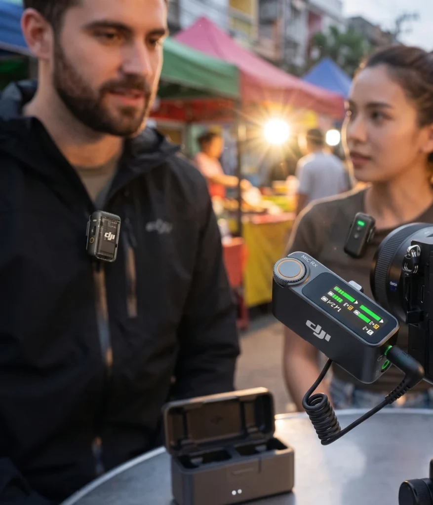 Two vloggers wearing DJI Mic 2 wireless transmitters clipped to their shirts while filming outdoors, with a camera-mounted receiver displaying real-time audio levels in the foreground.