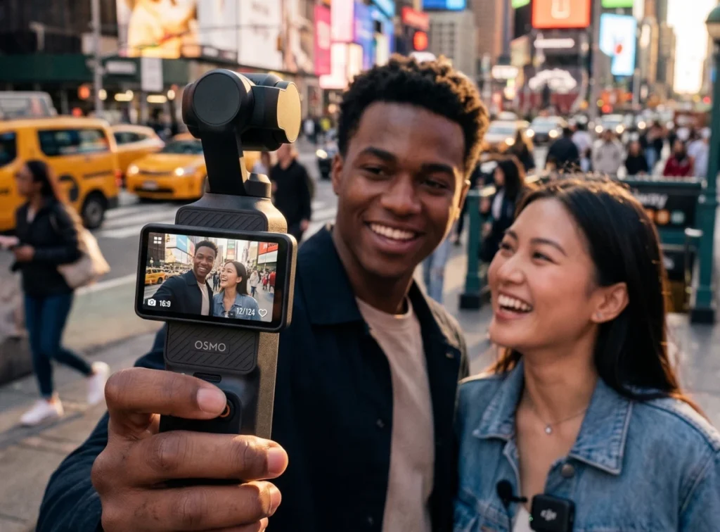 Young couple smiling while recording a video vlog with a DJI Osmo Pocket 3 gimbal camera on a busy New York City street with yellow taxis in the background.