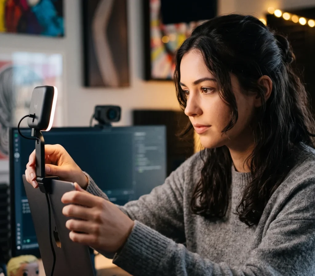 Young woman attaching a illuminated Logitech Litra Glow premium streaming light to the top of her laptop screen at a desk workstation.