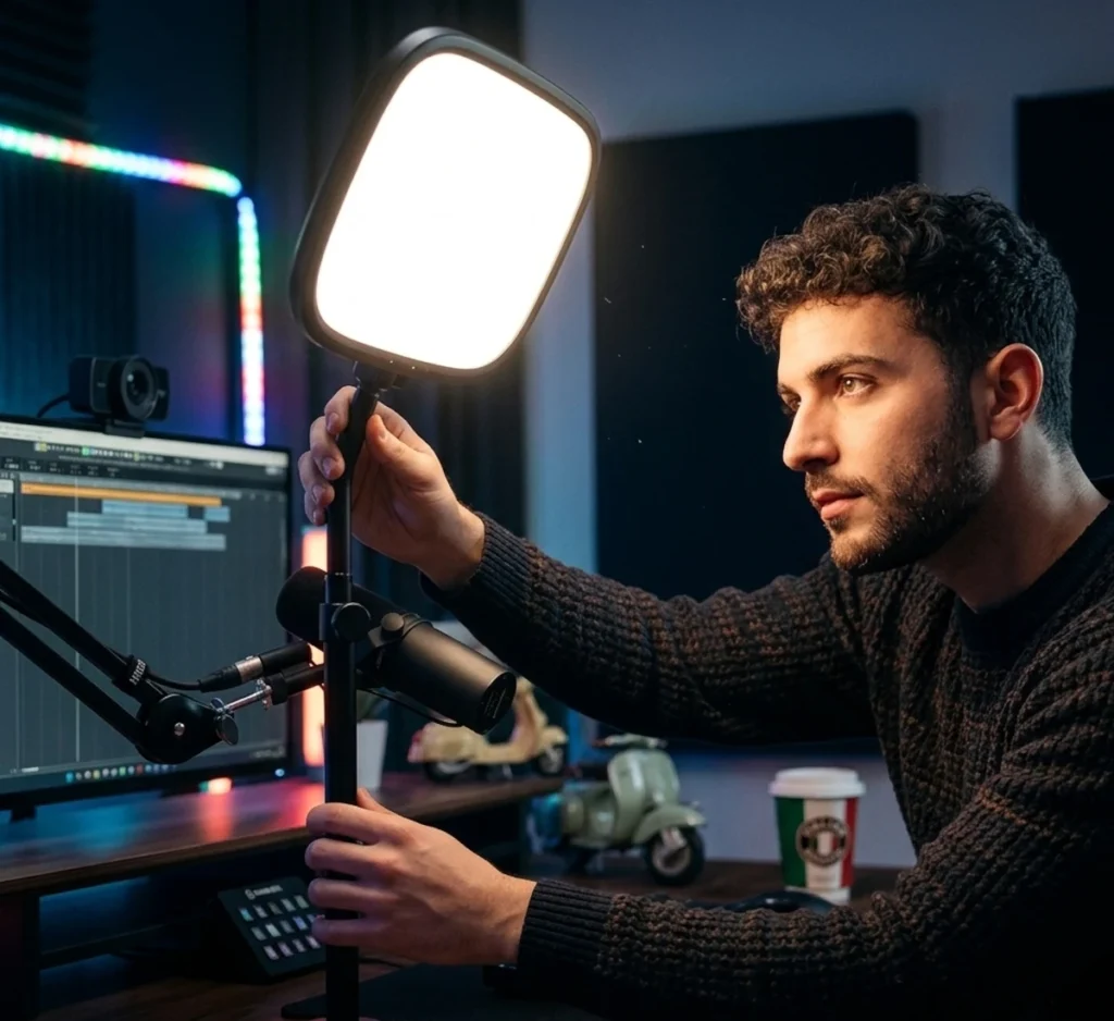 Young man adjusting the stand height of an illuminated Elgato Key Light Air LED panel at a dark studio desk with a microphone and computer monitor.