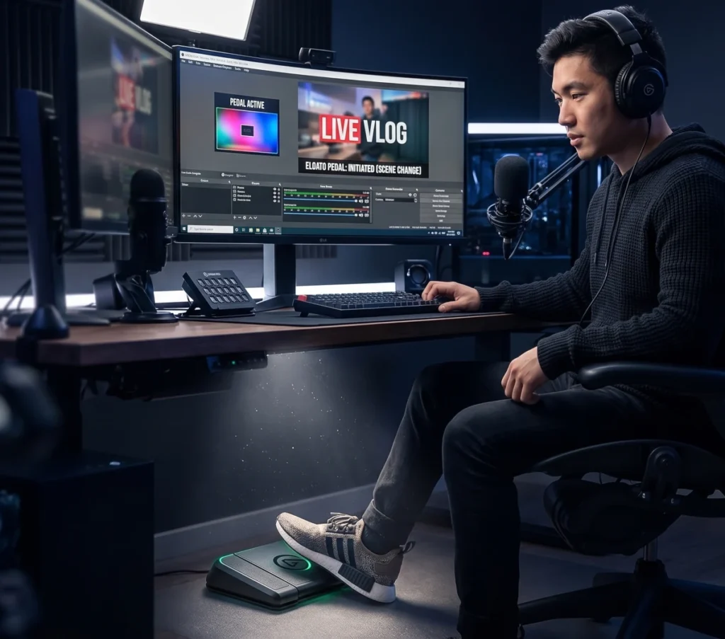 Young man wearing headphones sitting at a streaming desk setup, pressing an Elgato Stream Deck Pedal with his foot while managing a live vlog production on dual monitors.