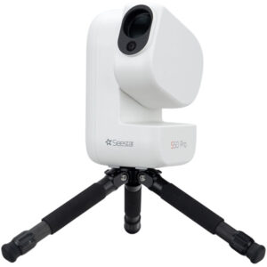 ZWO Seestar S50 Pro all-in-one smart telescope mounted on mini carbon tripod front three-quarter view