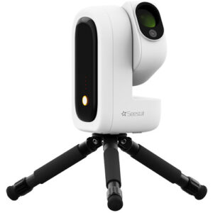 Side view of ZWO Seestar S50 Pro smart telescope showing illuminated power button and compact white body