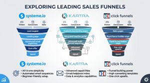 Systeme.io vs ClickFunnels vs Kartra sales funnel comparison infographic showing visitors, conversions, and sales stages for each platform