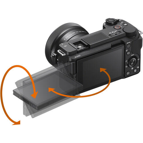 Rear angled view of Sony ZV-E10 II camera showing the vari-angle articulating LCD touchscreen rotating outward