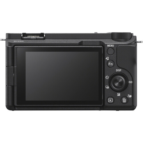 Back view of the Sony ZV-E10 II mirrorless camera showing 3-inch LCD screen, menu buttons, and control wheel layout
